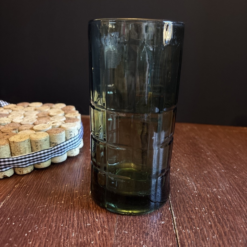 Vintage Retro Anchor Hocking Olive Green TARTAN PLAID 6" Tumbler/Glass